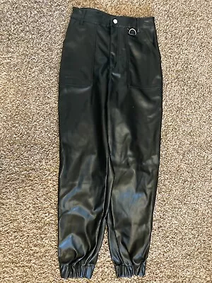 Divided By H&M Black Faux Leather Pants 4 Gathered Hem Zip Fly GUC Vegan • $14.99