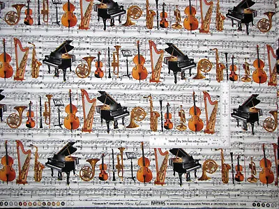 Music Fabric Piano Violin Orchestra Stripe Concerto Cotton Benartex By The Yard • $11.48