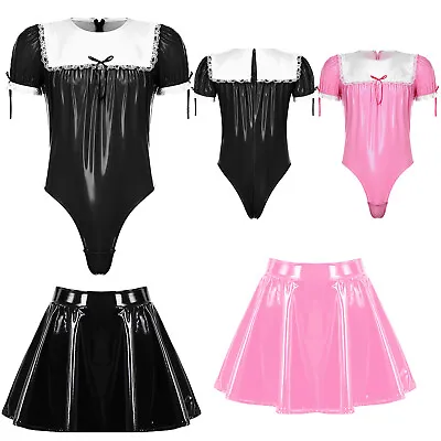 US Sissy Men Shiny Metallic Leather Leotard French Maid Costume And Flared Skirt • $22.49