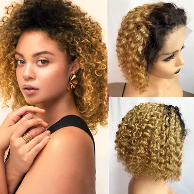 Short Bob Kinky Curly Wigs Brazilian Human Hair Lace Front Wigs 13x4 Ombre Blond • $54.51