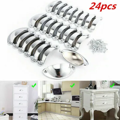 24pcs Shell Cup Handles Chrome Iron Half Moon Vintage Cupboard Drawer Pull Door • £6.69
