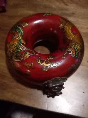 VINTAGE CHINESE DOUGHNUT JEWELRY BOX Lacquered Hand Painted Dragon W/ Brass Lock • $32