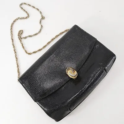 Manon Handbag Small Black Lizard Embossed Leather Gold Tone Shell Latch PurseBag • $30.79