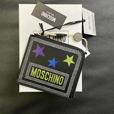NWT Moschino Stars Logo Print Leather Zip Square Wallet Black • $139