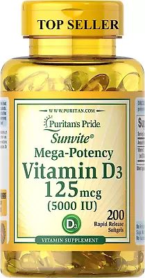 VITAMIN D3 Mega Potency PURITANS PRIDE 5000 IU Immune Supplement 200 Softgels • $8.59