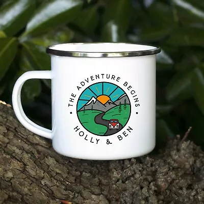 Personalised Adventuring Begins Mug 380ml Tin Metal Enamel Coffee Cup Outdoor • £11.99