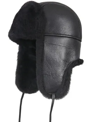 Aviator Trapper Ushanka Leather Shearling Sheepskin Fur Hat - Solid Black • $49.99