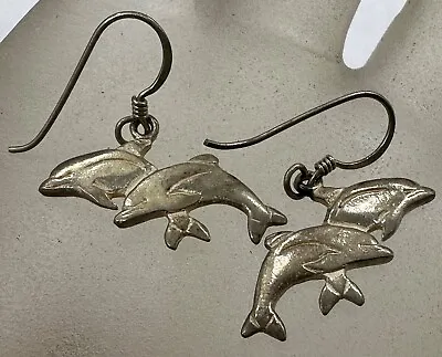 Vintage Sterling Silver Double Dolphin Drop Dangle Earrings • $24.99
