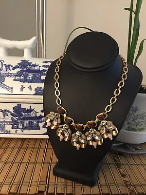 Brushed Gold Tone J. Crew Statement Necklace Wine Pink & Clear Rhinestones EUC • $26