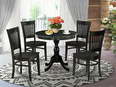 5pc Kitchen Dinette 36  Round Pedestal Table + 4 Wood Dining Chairs In Black • $549