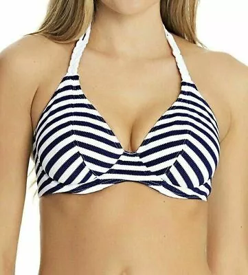 Freya Bikini Top Drift Away Size 34E Navy Blue White Stripe Halter Neck Bra 4047 • £17.89