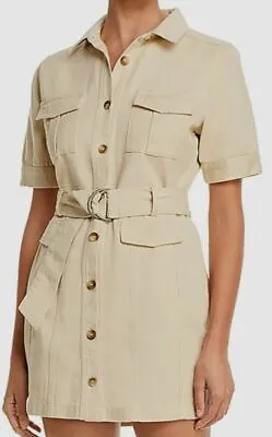 $195 Fore Women Beige Short-Sleeve Button Belted Cargo Khaki Mini Shirt Dress XS • $27.58