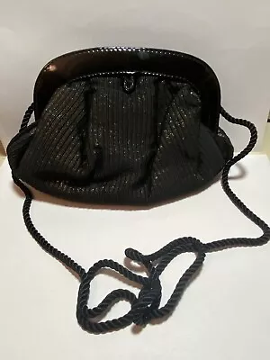 Vintage 70s Whiting & Davis Black Gold Evening Purse Bag Clutch Disco Clamshell • £26.64