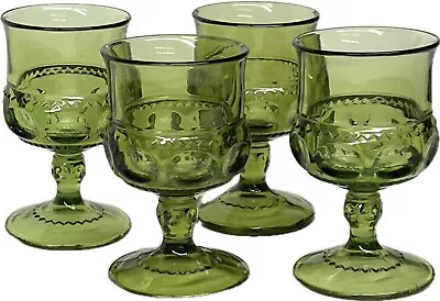 Vintage Green Indiana Glass Kings Crown Thumbprint Goblets Wine Sherry Glasses 4 • $30