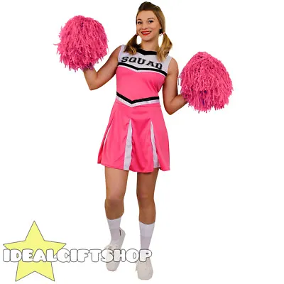 Ladies Pink High School Cheerleader Adults Fancy Dress Costume With Pom Poms • £14.99