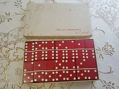 Vintage 28 Red Bakelite Catalin Dominoes By Cardinal In Original Box • $85