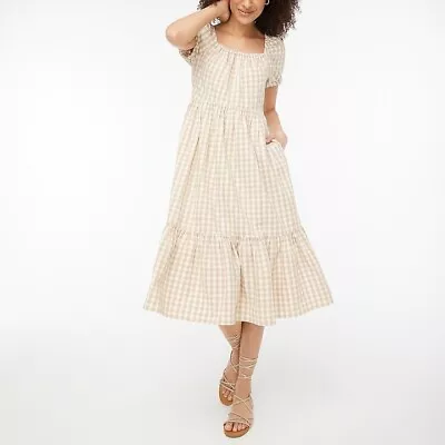 NEW NWT J Crew Beige White Factory Gingham Puff Sleeve Tiered Midi Dress Size 00 • $39.99