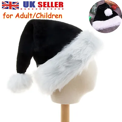 £7.59 • Buy Black Soft Plush Santa Christmas Hat With White Trim + Plush Big Ball Xmas Decor