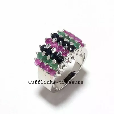 Natural Emerald Ruby Blue Sapphire Multi Stone 925 Sterling Silver Women's Ring  • $159.50
