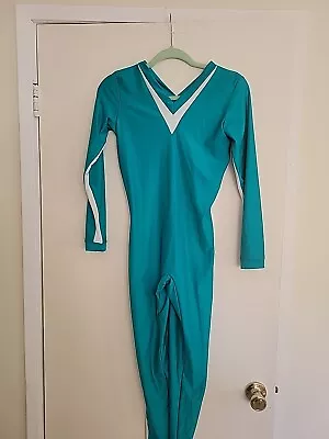 Vintage 80s Full Leotard Unitard Bodysuit Long Sleeve Lycra V-Neck Stirrup Teal  • $108