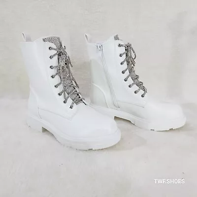 Rylee White Combat Ankle Boots Iridescent Rhinestone Tongue & Rope Laces • $58.95