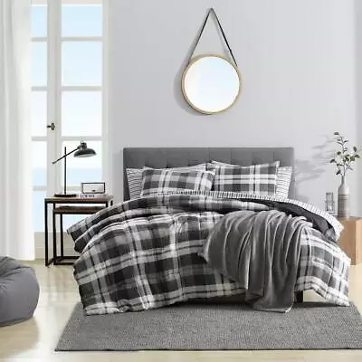 Nautica Comforter Set 3-Piece Full/Queen Size Plaid Microsuede Charcoal Gray • $62.46