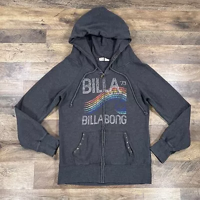 Billabong Hoodie Womens XL Gray Spellout Studded Full Zip Hooded Sweatshirt • $17.99