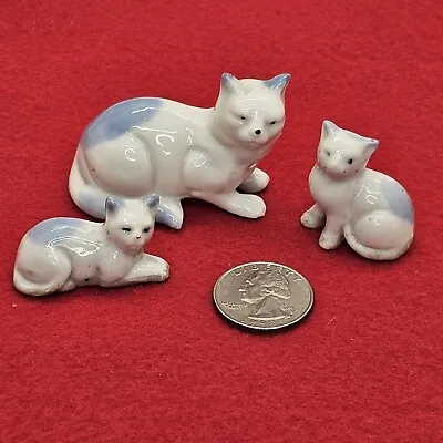 3 Miniature Blue White Cats Kittens Ceramic Figurines Japan • $9.99