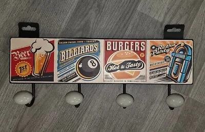 Retro Style Metal Coat Hooks Hanger Diner Bowling Burgers Jukebox Home Decor • £20