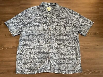 LL Bean 2XL S/S Tropics Shirt Blue Hawaiian Floral Print Button Up Cotton • $18.99