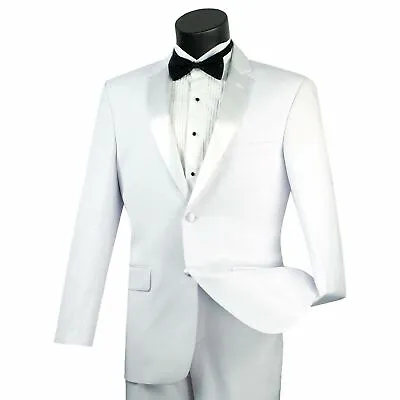 VINCI Men's White Classic Fit Formal Tuxedo Suit W/ Sateen Lapel & Trim NEW • $110