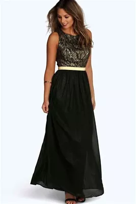 BOOHOO Black Gold Metallic Maxi DRESS Size 16 BNWT NEW Lace Glitter Cocktail Eve • $40