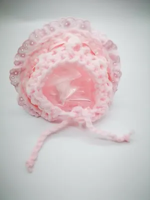 Baby Girls Fluffy Fur Premature Crochet Knitted Bonnet Hat Bow Pom Tinybaby • £7.99