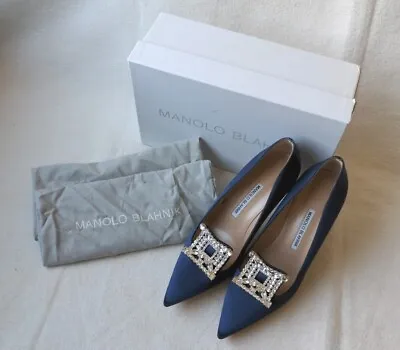 NIB Auth Manolo Blahnik Blue/Ruthenium Satin Borlak 3.75” Stiletto Size 40 • $875