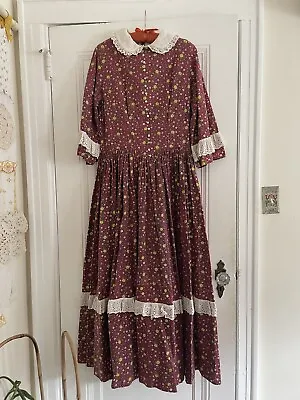 Vintage 70s Handmade Floor Length Prairie Floral Pleated Tiered Skirt Lace Dress • $72