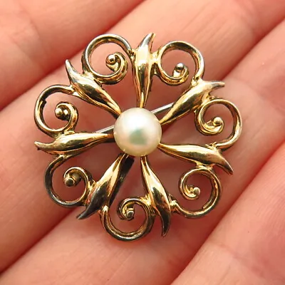 925 Sterling / 1/20 14K Gold Filled Vintage Symmetalic Pearl Ornate Pin Brooch • $26.99