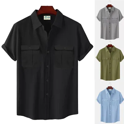 Mens Solid Lapel Short Sleeve Dress Shirt Button-down Loose Solid Blouse Tops • £11.67