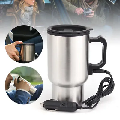 Insulated Heated Travel Mug 12V Car Connector Flask Plug In Cup Tea Coffee 450ml • £6.99