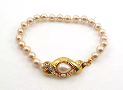 Nolan Miller Pearl Bracelet With Gold Plated & Clear Rhinestones Clasp Signed • $12.95