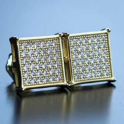 14K Gold Plated Iced Micro Pave Square Hip Hop Screw Back Stud Earrings • $17.99