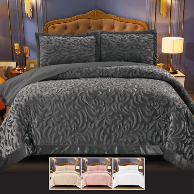 3 Piece Velvet Quilted Bedspread Throw Embossed Bedding Set Double King Size • £38.94