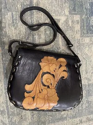 Vintage Mexican Western Floral Hand Tooled Black Leather Shoulder Hand Bag Purse • $49.99