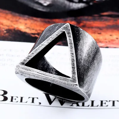 Vintage Hollow Triangle Ring Stainless Steel Men's Biker Punk Ring Retro Silver • $11.80