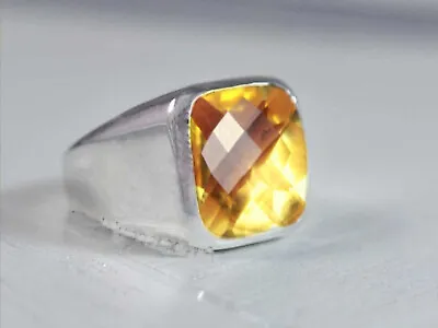 Solid 925 Sterling Silver AAA Yellow Citrine Zircon Cut Gemstone Huge Mens Ring • $41.56