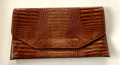 VINTAGE Large Brown Alligator Clutch Handbag 16  Log X 8-1/2  Wide Snap Closure • $89.99