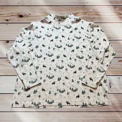 Croft & Barrow Shirt Women's Size 1X Ivory Moose Woodland Print Mock Neck Cotton • $12