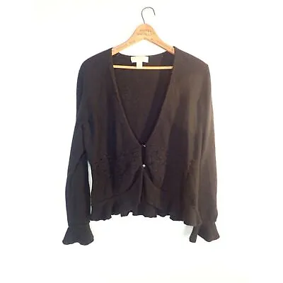 Mainbocher Pure 100% Cashmere Black Cardigan XL Ruffles Elegant Button Front • $20