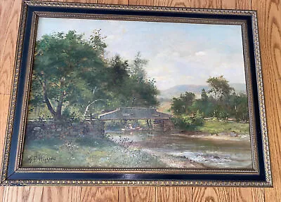 George Frank Higgins MA Artist Oil On Board Painting Mountains River Bridge • $725