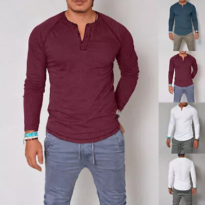 Men's Autumn Basic Long Sleeve Shirt T-Shirt Button V Neck Muscle Shirts Tops US • $14.59