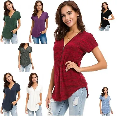 £8.19 • Buy Women's T Shirt Short Sleeve Zip Up V Neck Curve Hem Tunic Tops Relaxed Fit